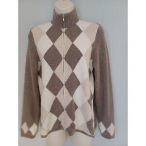 Cashmere Argyle Zip Cardigan Women Medium  Brown Beige Cream
